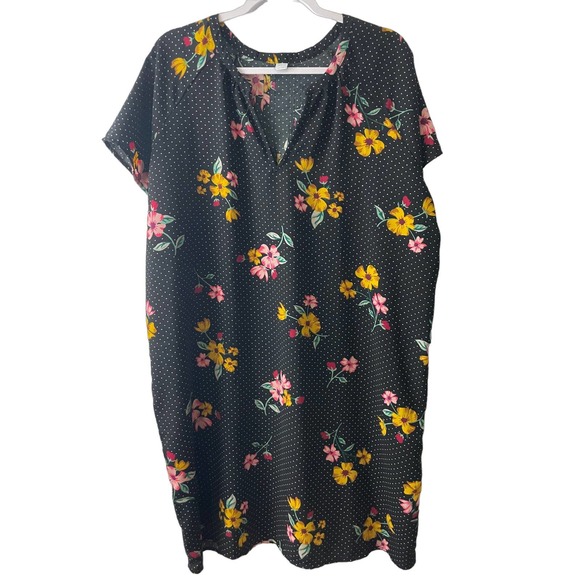Old Navy Dress Size XL Black Polka Dots Floral Pattern Short Sleeves V Neck - Picture 2 of 7